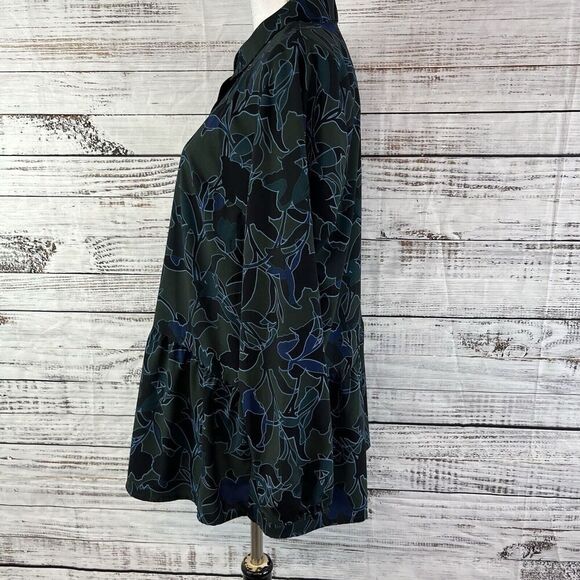 LOGO Lori Goldstein Blouse Tunic size Medium Olive Green Blue Floral Ruffle Slim - Picture 9 of 12
